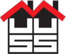 Logo - Heiko Muuss - Dachdeckerei und Zimmerei. Aus den Buchstaben U und S werden zwei Häuser gebildet.