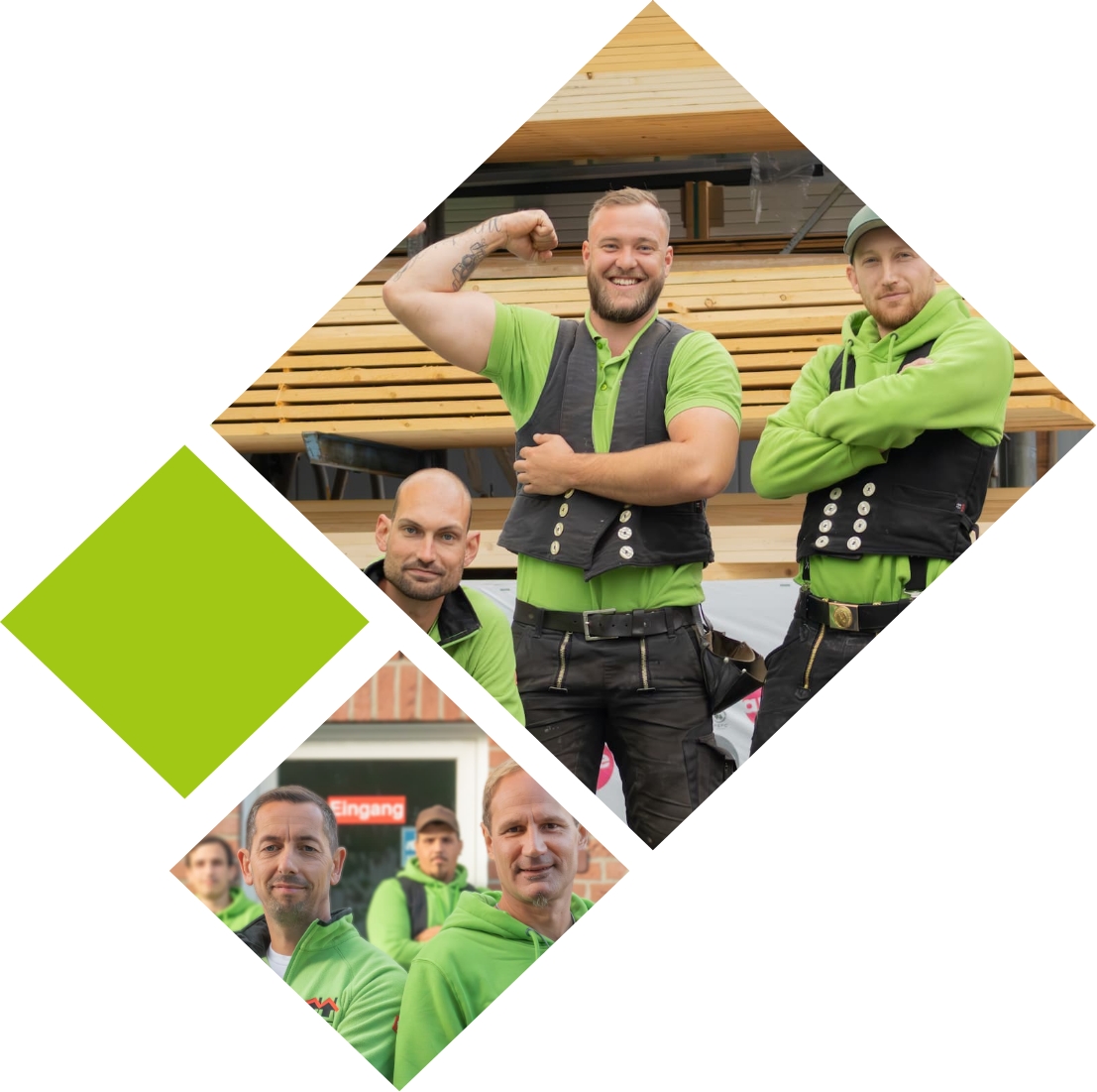 Das Team von Heiko Muuss Mehrere Mitarbeiter stehen und hocken nebeneinander auf dem Firmengelände und lächeln. Ein Mitarbeiter zeigt seine starken Armmuskeln.